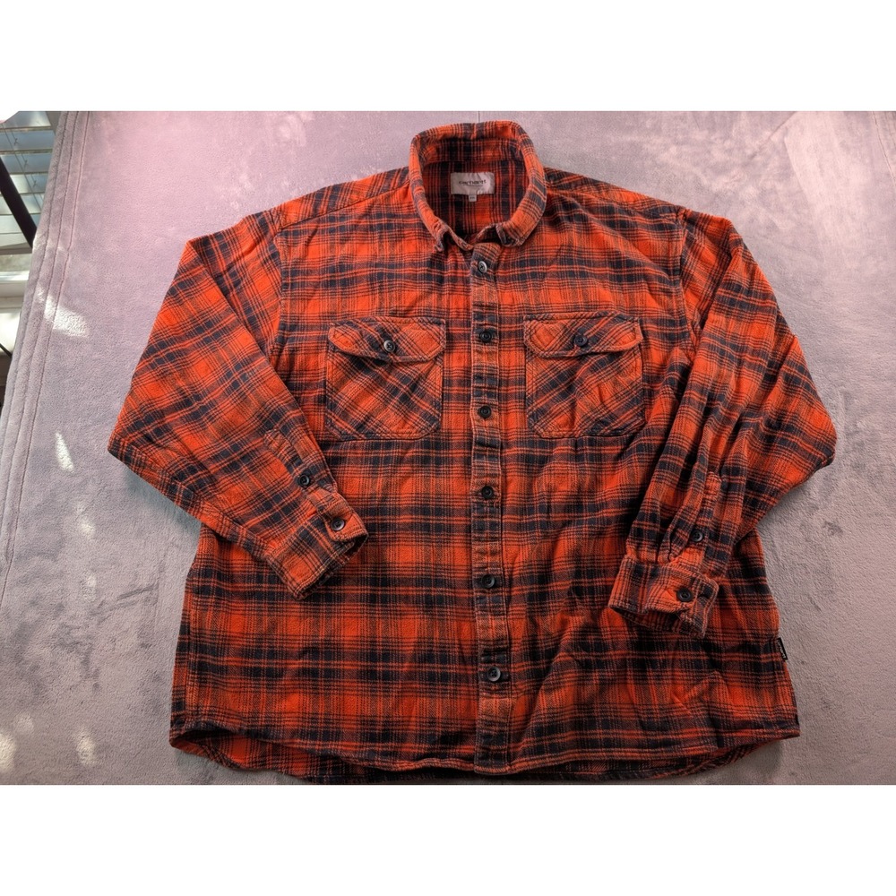Carhartt WIP L/S Krenz Shirt Mens XXL Orange Black Plaid Flannel Button Up